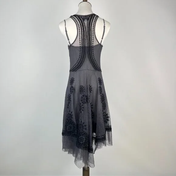NWOT Johnny Was Biya Floral Mesh Embroidered Irregular Midi Dress Grey Size S - Picture 5 of 12